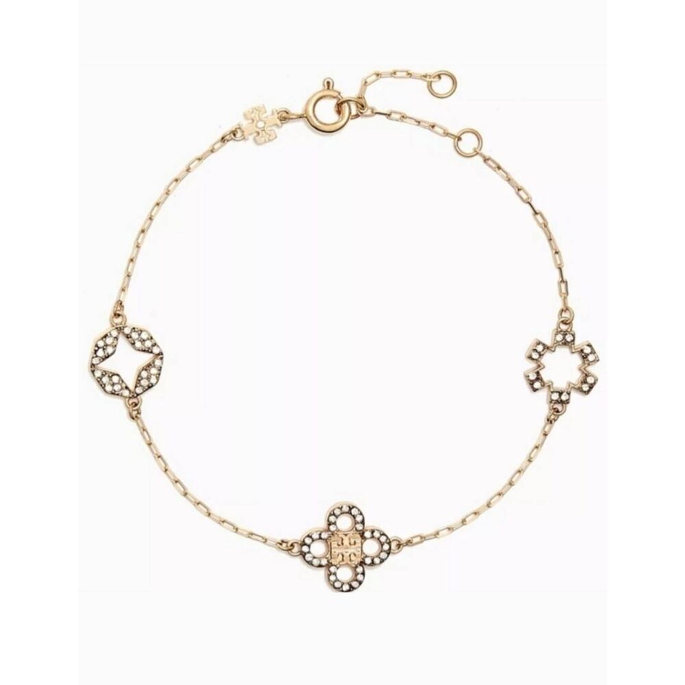 TORY BURCH Forget Me Not Pave Clover Connector Charm Gold Bracelet - Picture 2 of 4